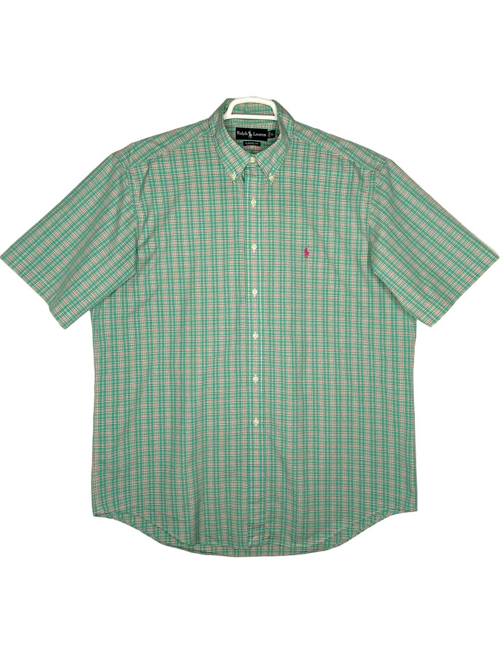 Ralph Lauren Button Down Shirt Plaid Green Mens XL Classic Short Sleeve Preppy